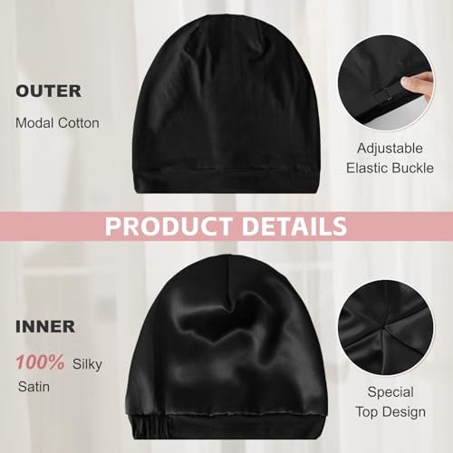ZHENSILK Silk Hair Bonnet for Sleeping Women Silky Satin Lined Sleep Cap Adjustable Hair Wrap Stay On All Night for Women and Men 2PCS(Black&Black) - Image 4