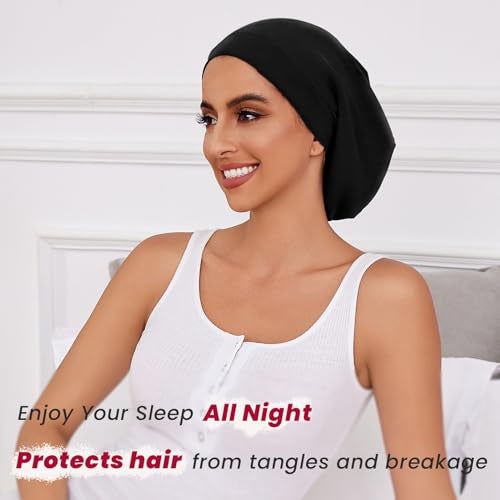 ZHENSILK Silk Hair Bonnet for Sleeping Women Silky Satin Lined Sleep Cap Adjustable Hair Wrap Stay On All Night for Women and Men 2PCS(Black&Black) - Image 2
