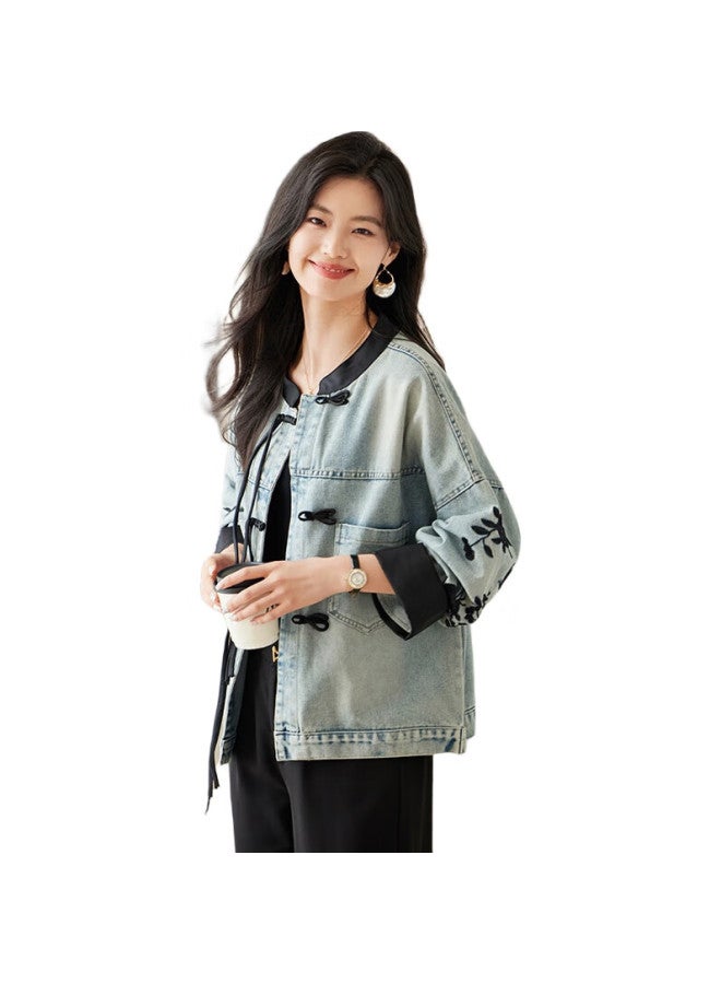 She enjoys She Xiang Denim Jacket For Women, New Retro Moisture-Wicking Chinese Style Embroidered Jacket, Spring And Autumn Denim Top, Cardigan T143U5001 - Image 2