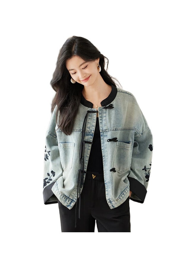 She enjoys She Xiang Denim Jacket For Women, New Retro Moisture-Wicking Chinese Style Embroidered Jacket, Spring And Autumn Denim Top, Cardigan T143U5001 - Image 3