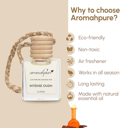 Aromahpure Premium Car Perfume Hanging Pod |10 ML |Royal Oudh Fragrance Car Air Freshener |Natural Essential Fragrance Oils in Glass Bottle with Wooden Diffuser Lid |Long Lasting upto 30 days - Image 4