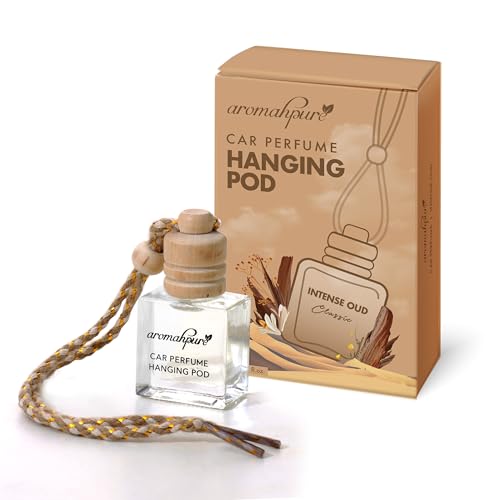 Aromahpure Premium Car Perfume Hanging Pod |10 ML |Royal Oudh Fragrance Car Air Freshener |Natural Essential Fragrance Oils in Glass Bottle with Wooden Diffuser Lid |Long Lasting upto 30 days - Image 1