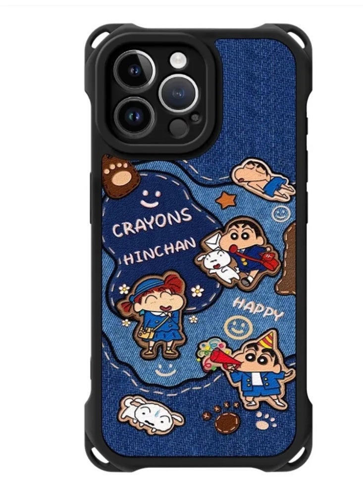 Crayon Shin-chan Denim Embroidered Phone Case, Shockproof Silicone Cover with Crossbody Strap for iPhone 17 All Series - Image 1