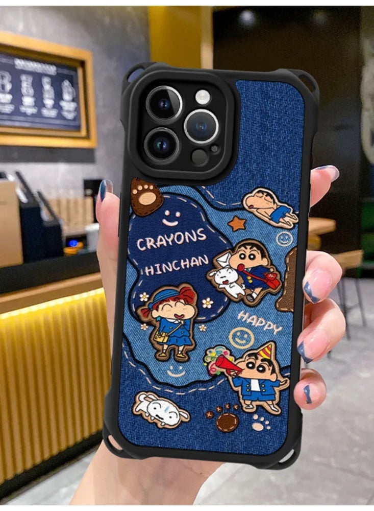 Crayon Shin-chan Denim Embroidered Phone Case, Shockproof Silicone Cover with Crossbody Strap for iPhone 17 All Series - Image 2
