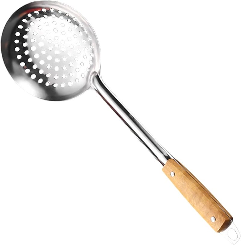 Medium Stainless Steel Skimmer Ladle With Wood Handle Food Strainer Spoon For Frying - Image 1