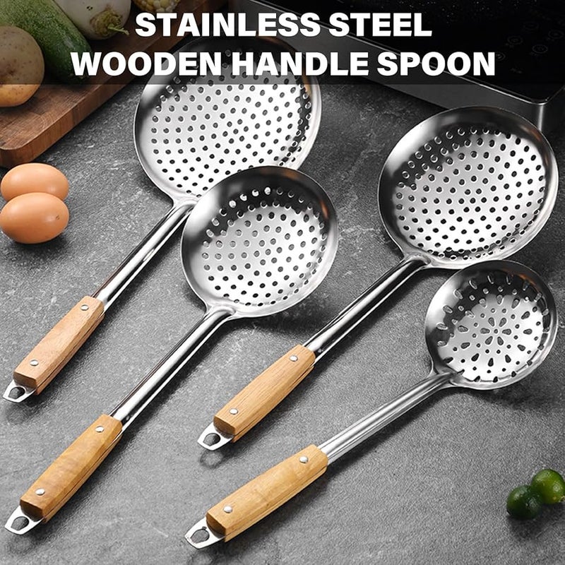 Medium Stainless Steel Skimmer Ladle With Wood Handle Food Strainer Spoon For Frying - Image 3