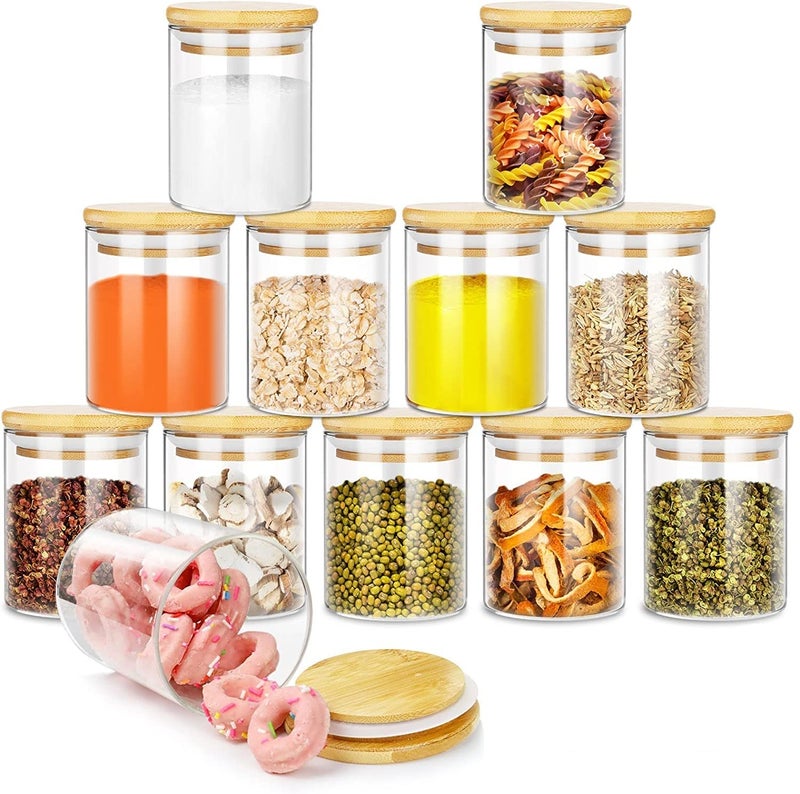 KHOLAD Glass Storage Jars Set with Airtight Bamboo Lid 270ml Glass Spice Canisters for Kitchen Corner Suit Home Kitchen Tea Herbs Coffee Beans Grains Sugar Spice 12 - Image 1