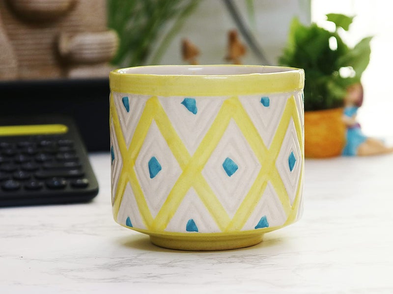 Leafy Tales Ceramic Rhombus Design Planter, Medium Size , Yellow, 1 Piece - Image 1
