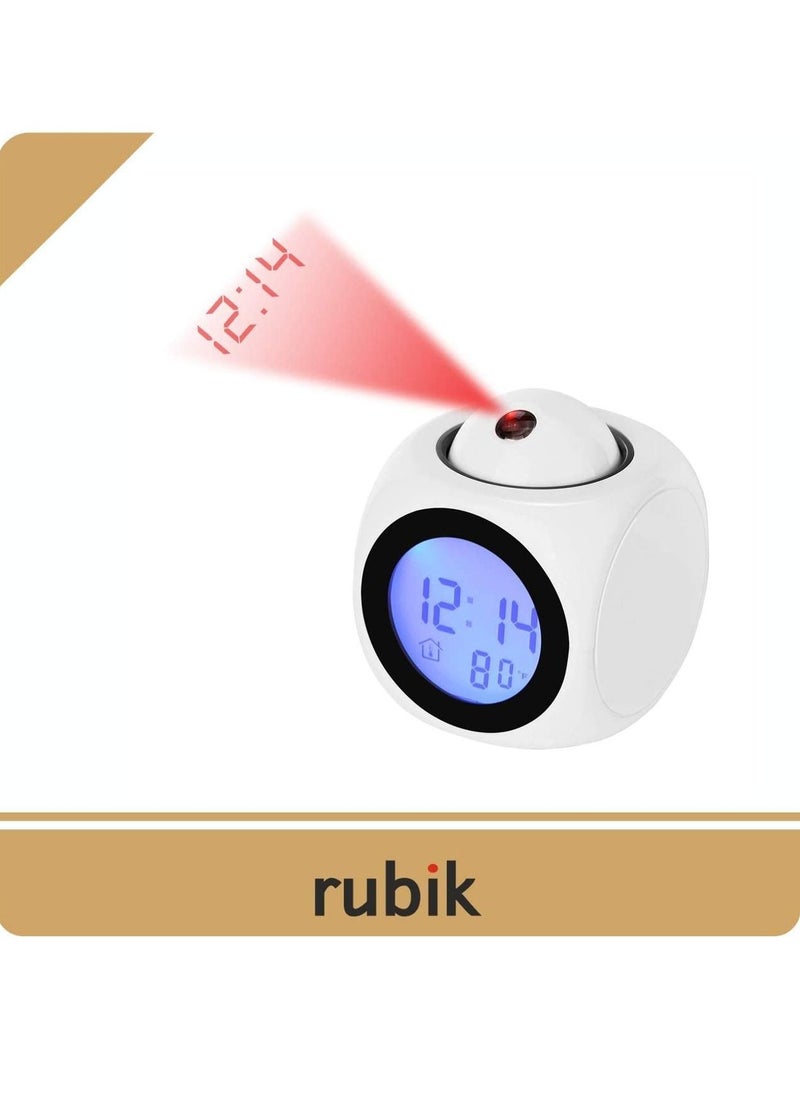 Rubik - Rubik Projection Alarm Clock - Digital LCD Voice Talking Function LED Wall Ceiling Projection, Alarm Snooze/Temperature Display, 12hr/24hr, Alarm Clock - White - Image 1