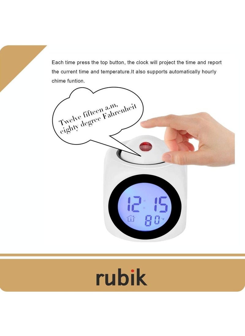 Rubik - Rubik Projection Alarm Clock - Digital LCD Voice Talking Function LED Wall Ceiling Projection, Alarm Snooze/Temperature Display, 12hr/24hr, Alarm Clock - White - Image 1