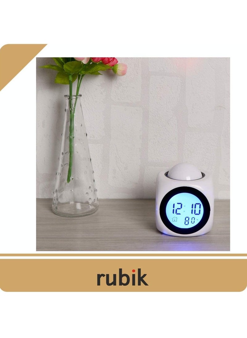 Rubik - Rubik Projection Alarm Clock - Digital LCD Voice Talking Function LED Wall Ceiling Projection, Alarm Snooze/Temperature Display, 12hr/24hr, Alarm Clock - White - Image 1