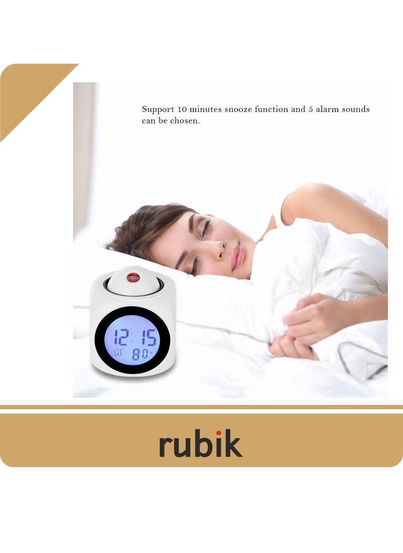 Rubik - Rubik Projection Alarm Clock - Digital LCD Voice Talking Function LED Wall Ceiling Projection, Alarm Snooze/Temperature Display, 12hr/24hr, Alarm Clock - White - Image 1