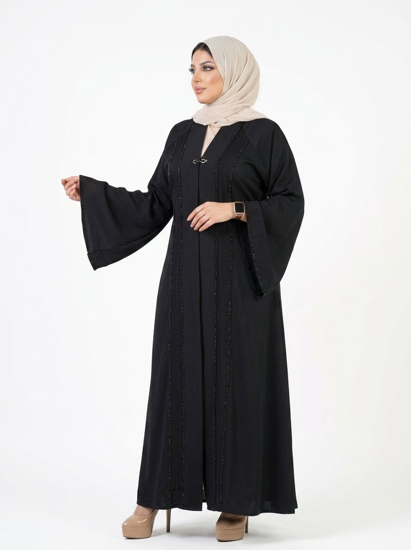 Elegant Long Black Abaya with Full Sleeves and Front Opening, Ideal for Formal & Daily Occasions, Classic Black Color - Size 2XL(90 KG) - Image 2
