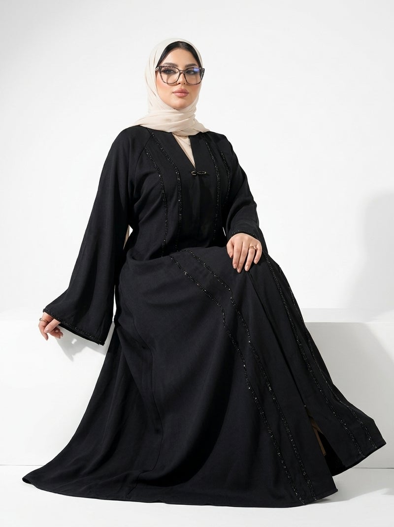 Elegant Long Black Abaya with Full Sleeves and Front Opening, Ideal for Formal & Daily Occasions, Classic Black Color - Size 2XL(90 KG) - Image 5