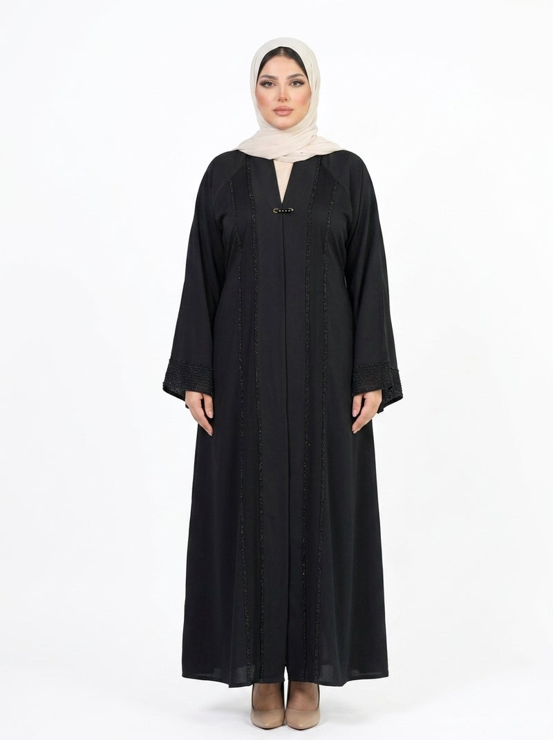 Elegant Long Black Abaya with Full Sleeves and Front Opening, Ideal for Formal & Daily Occasions, Classic Black Color - Size 2XL(90 KG) - Image 1