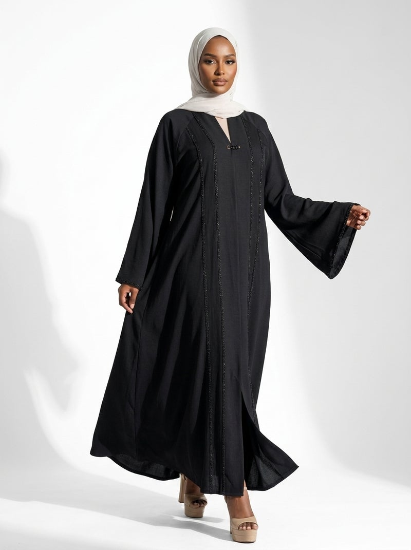 Elegant Long Black Abaya with Full Sleeves and Front Opening, Ideal for Formal & Daily Occasions, Classic Black Color - Size 2XL(90 KG) - Image 4