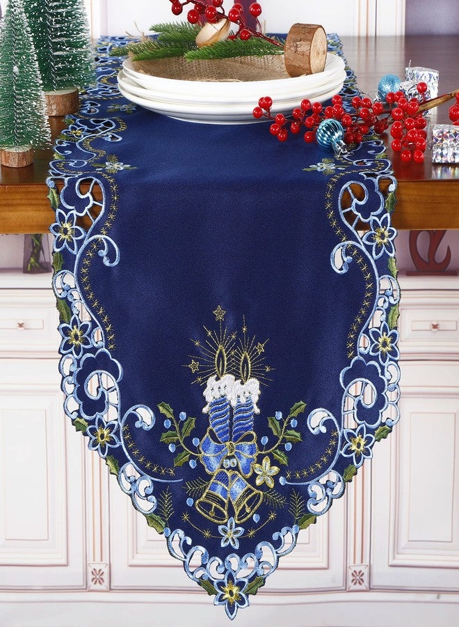 GRANDDECO مفرش طاولة عيد الميلاد من جرانديكو، مقاس 13 × 68 بوصة، مزين بتطريزات زهرية على شكل شموع عيد الميلاد، مناسب لتزيين طاولة الطعام في المنزل، لون أزرق داكن - Image 1