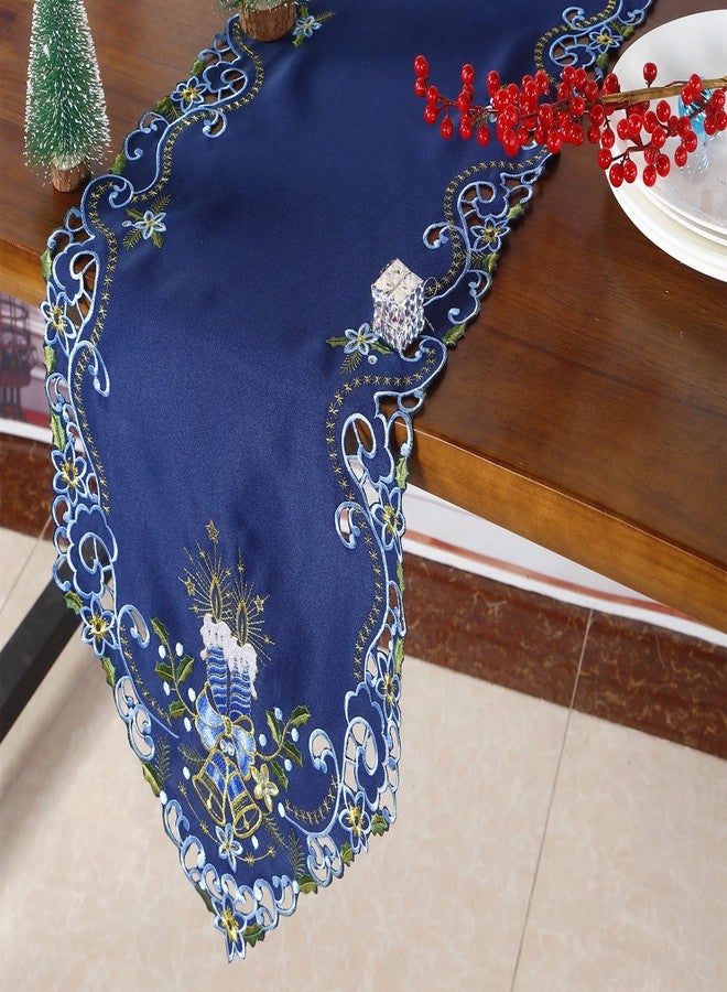 GRANDDECO مفرش طاولة عيد الميلاد من جرانديكو، مقاس 13 × 68 بوصة، مزين بتطريزات زهرية على شكل شموع عيد الميلاد، مناسب لتزيين طاولة الطعام في المنزل، لون أزرق داكن - Image 2