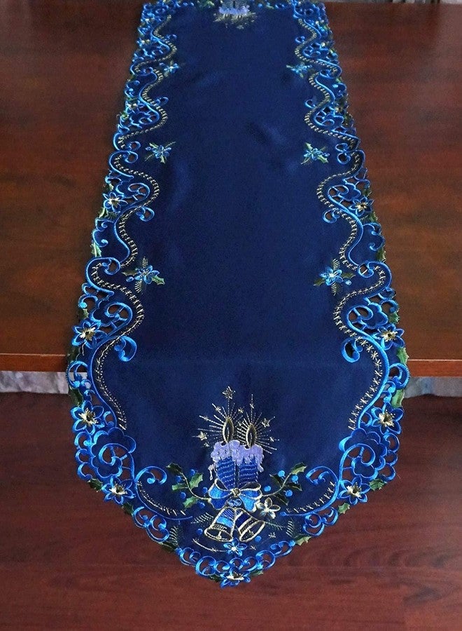 GRANDDECO مفرش طاولة عيد الميلاد من جرانديكو، مقاس 13 × 68 بوصة، مزين بتطريزات زهرية على شكل شموع عيد الميلاد، مناسب لتزيين طاولة الطعام في المنزل، لون أزرق داكن - Image 5