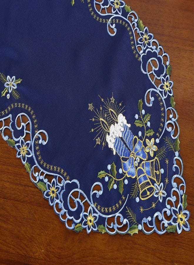 GRANDDECO مفرش طاولة عيد الميلاد من جرانديكو، مقاس 13 × 68 بوصة، مزين بتطريزات زهرية على شكل شموع عيد الميلاد، مناسب لتزيين طاولة الطعام في المنزل، لون أزرق داكن - Image 3