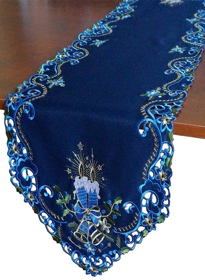 GRANDDECO مفرش طاولة عيد الميلاد من جرانديكو، مقاس 13 × 68 بوصة، مزين بتطريزات زهرية على شكل شموع عيد الميلاد، مناسب لتزيين طاولة الطعام في المنزل، لون أزرق داكن - Image 4