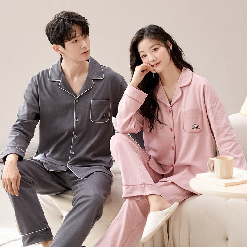 Couple Pajamas Spring/Autumn Long Sleeve Cardigan Set - Cotton, High-End Polo Collar