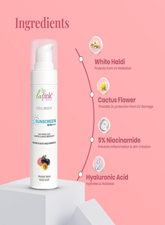 La Pink Ideal Bright Sunscreen SPF 50 PA++++ UVA + UVB | 5% Niacinamide, White Haldi, Water & Sweat Resistant, Prevent Tan, No White Cast, Microplastic Free, All Skin Types - 30g - Image 2