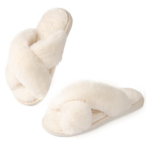 Ankis Womens White Fuzzy Slippers Memory Foam Cross Band Cozy House Slippers Plush Home Bedroom Fluffy Furry Open Toe Cute Soft Ladies Indoor Outdoor Soft Slipper Slides Wedding Bride Shoes Gifts - Image 1