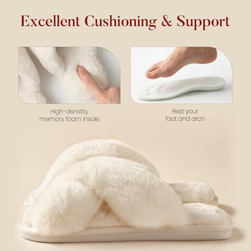 Ankis Womens White Fuzzy Slippers Memory Foam Cross Band Cozy House Slippers Plush Home Bedroom Fluffy Furry Open Toe Cute Soft Ladies Indoor Outdoor Soft Slipper Slides Wedding Bride Shoes Gifts - Image 4