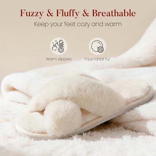 Ankis Womens White Fuzzy Slippers Memory Foam Cross Band Cozy House Slippers Plush Home Bedroom Fluffy Furry Open Toe Cute Soft Ladies Indoor Outdoor Soft Slipper Slides Wedding Bride Shoes Gifts - Image 3