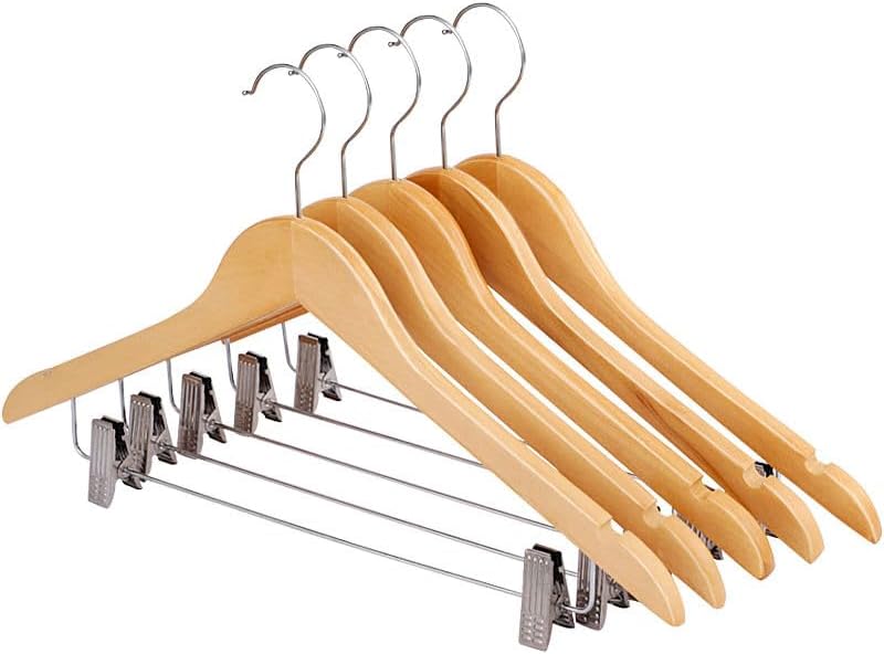 MOONCEE 10 Pcs High-Grade Wooden Suit Clothes Hangers Skirt Hangers with Clips Solid Wood Pants Hangers Smooth Finish Premium Wood Hangers with Durable Metal Clips for Coat, Blouse, Dress, Jacket - Image 1