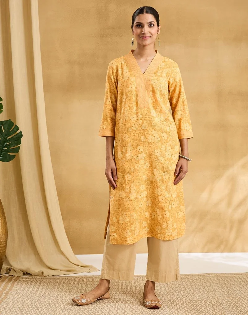 Fabindia Mustard Cotton Hand Block Print Long Kurta