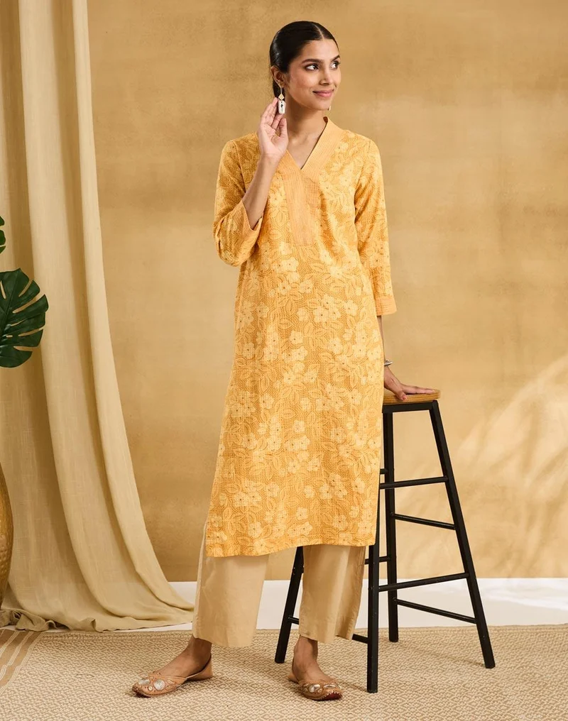 Fabindia Mustard Cotton Hand Block Print Long Kurta