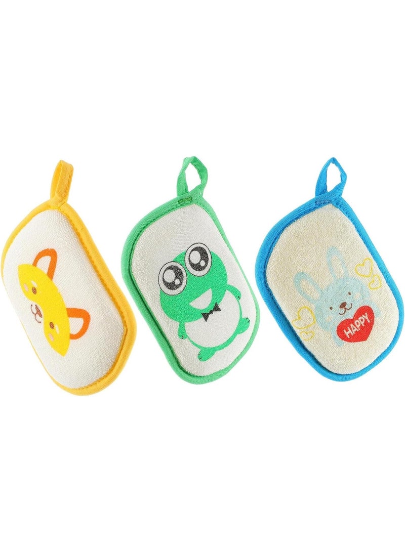 3 Pack Baby Bath Sponges, Cartoon Animal Shower Scrubbers, Soft Exfoliating Bath Towel for Infant Bathing, Easy Grip and Clean, Fox, Frog, Rabbit - Image 1
