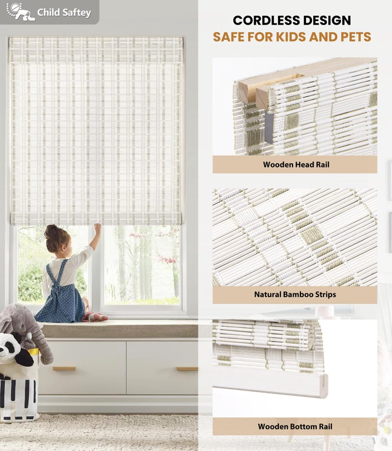 LazBlinds No Tools No Drill Cordless Bamboo Roman Shades, Light Filtering Window Treatment, Roll Up Bamboo Blinds for Window 34'' W x 64'' H, Whitewash B - Image 3