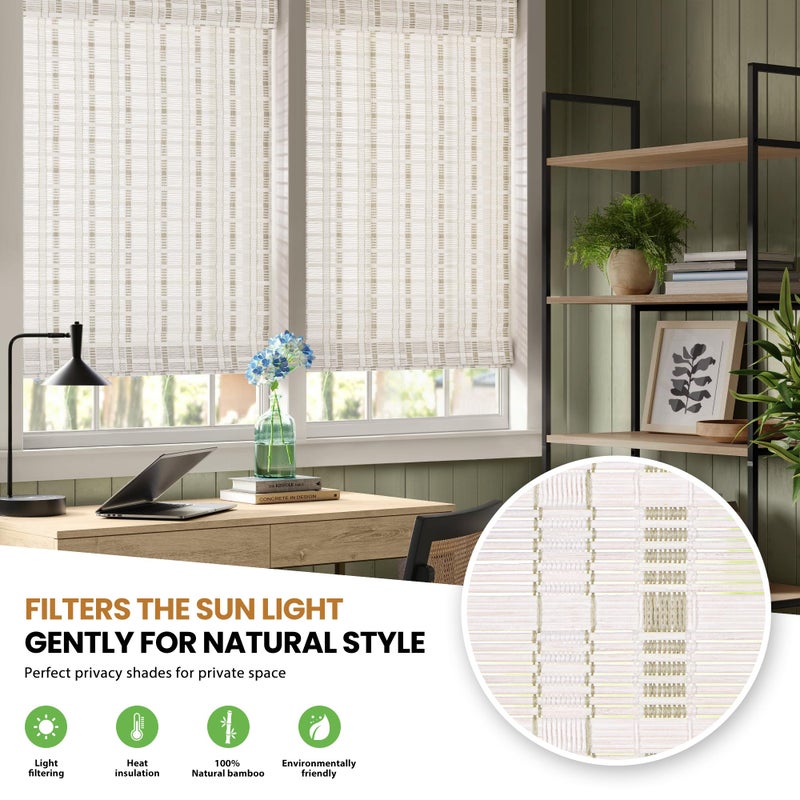 LazBlinds No Tools No Drill Cordless Bamboo Roman Shades, Light Filtering Window Treatment, Roll Up Bamboo Blinds for Window 34'' W x 64'' H, Whitewash B - Image 4