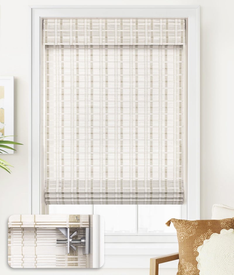 LazBlinds No Tools No Drill Cordless Bamboo Roman Shades, Light Filtering Window Treatment, Roll Up Bamboo Blinds for Window 34'' W x 64'' H, Whitewash B - Image 1