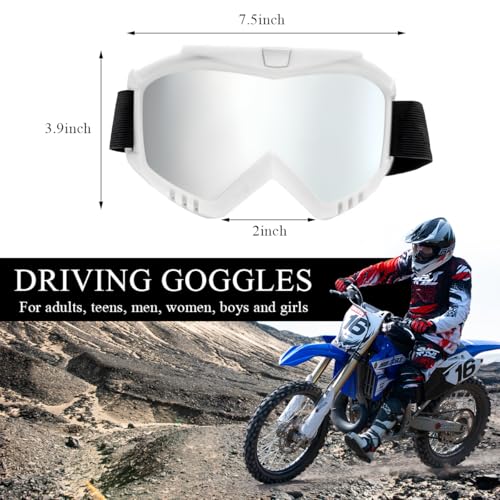 Yourkar Dirt Bike Goggle, UV Protection Windproof ATV Off-Road Goggles, Wide Vision Riding Motorcycle Goggle for Men Women (White+Silver) - Image 2