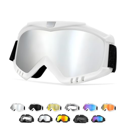 Yourkar Dirt Bike Goggle, UV Protection Windproof ATV Off-Road Goggles, Wide Vision Riding Motorcycle Goggle for Men Women (White+Silver) - Image 1