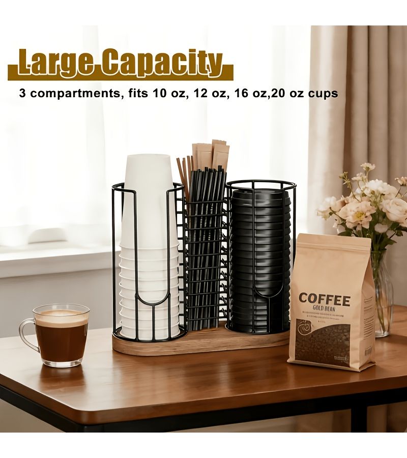 Black Wrought Iron 3 Compartment Cup Holder Dispenser With Wood Base - Image 2