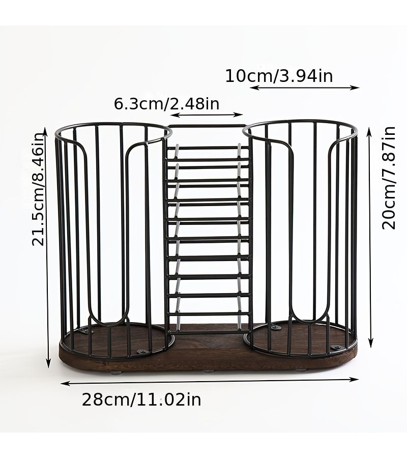 Black Wrought Iron 3 Compartment Cup Holder Dispenser With Wood Base - Image 3