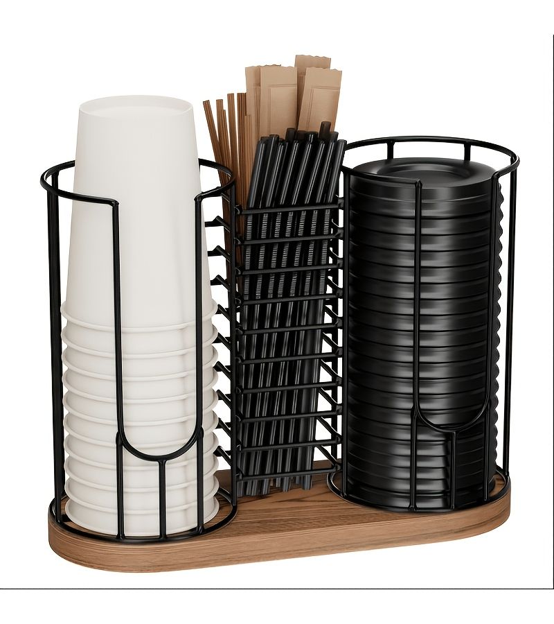 Black Wrought Iron 3 Compartment Cup Holder Dispenser With Wood Base - Image 1