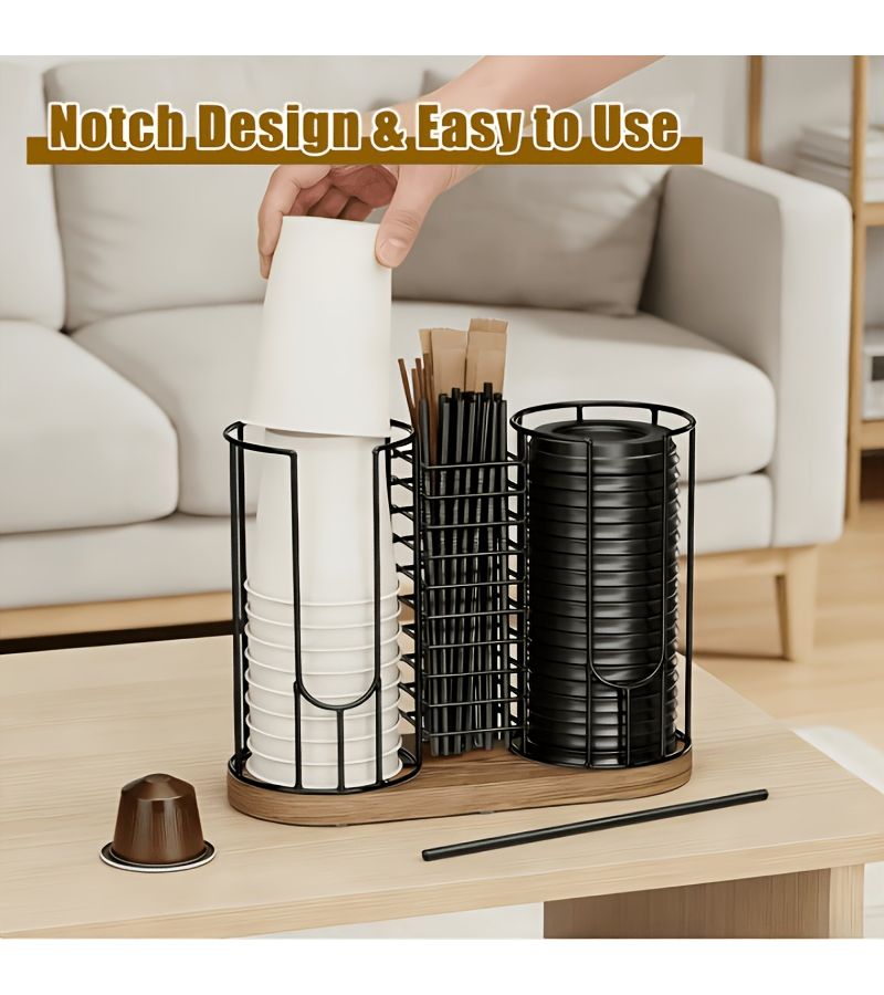 Black Wrought Iron 3 Compartment Cup Holder Dispenser With Wood Base - Image 5