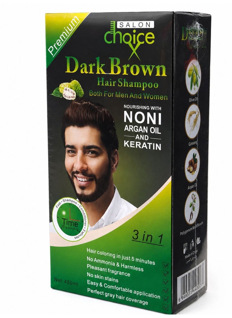 CHOiCE Dark Brown Hair Coloring Shampoo 3 In 1 – Gray Hair Coverage In 5 Minutes – Enriched With Noni, Argan Oil And Keratin – For Men And Women – Ammonia Free – 400 Ml - Image 1