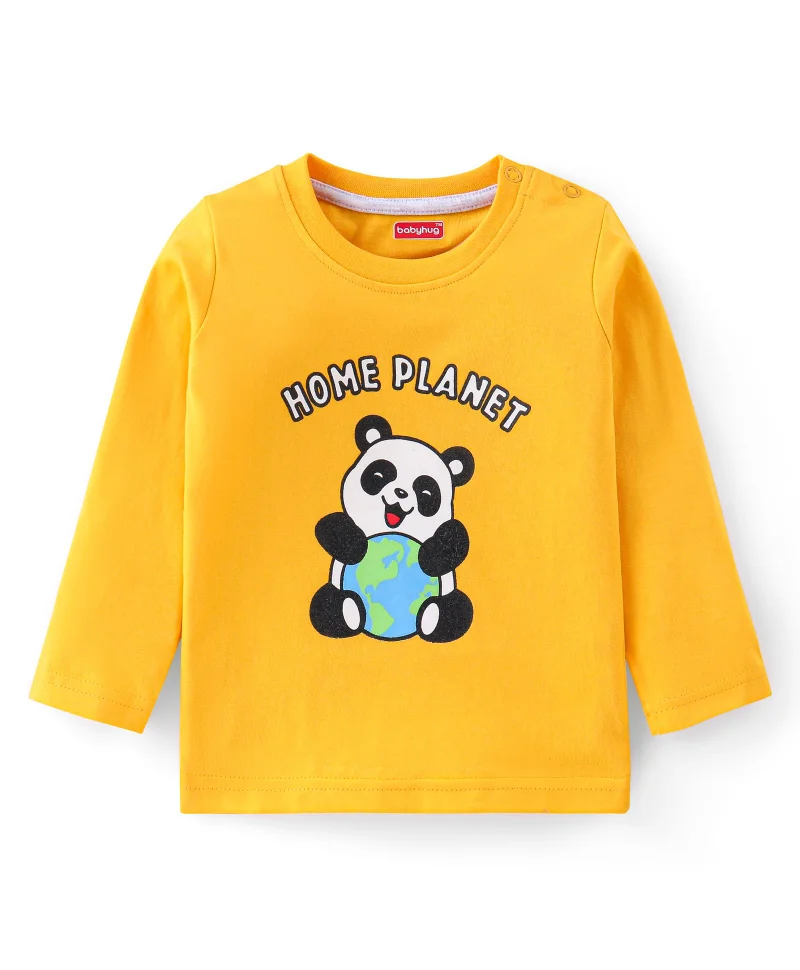 babyhug Babyhug Cotton Knit Full Sleeves T-Shirt with Panda Graphic Print - Yellow