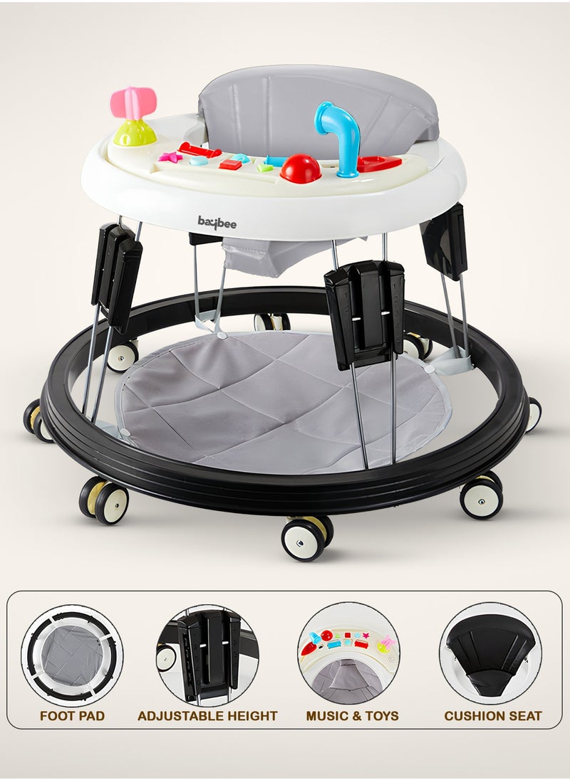 BAYBEE Indy Pro Round Baby Walker for Kids with 5 Height Adjustable, Music & Food Tray | Foldable Kids Walker with Pu Leather Seat Cover & Footmat | Toddler Walker for Baby 6 to 18 Months Boys Girls Grey  - Image 1