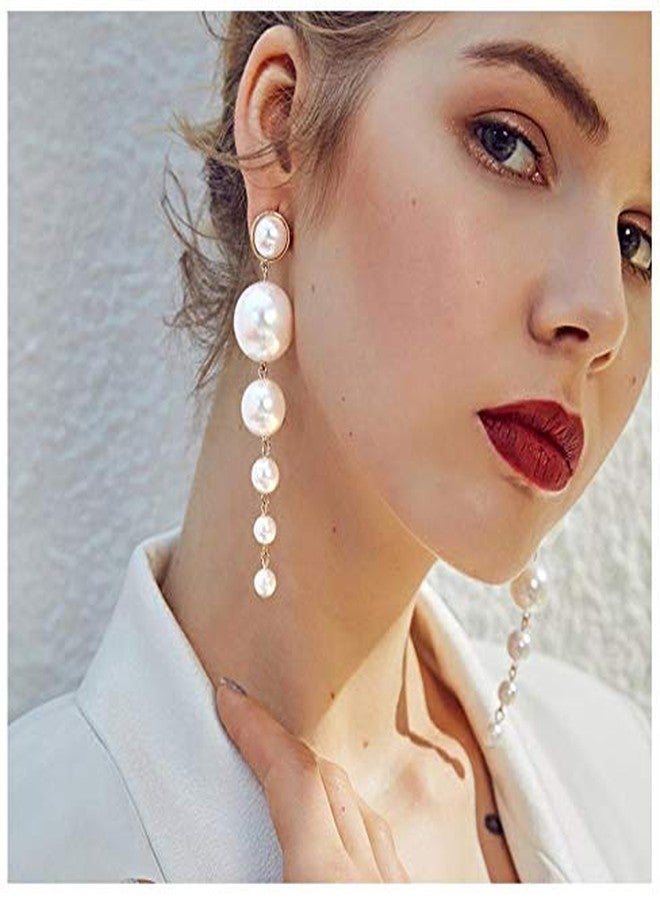 INENIMARTJ Pearl Earrings for Women Long Tassel Pearl Drop Dangle Earrings,14K Gold Plated Dainty Pearls Chain Earring Pearls Prom Jewelry Christmas Stocking Stuffers for Women (LongPearl) - Image 2