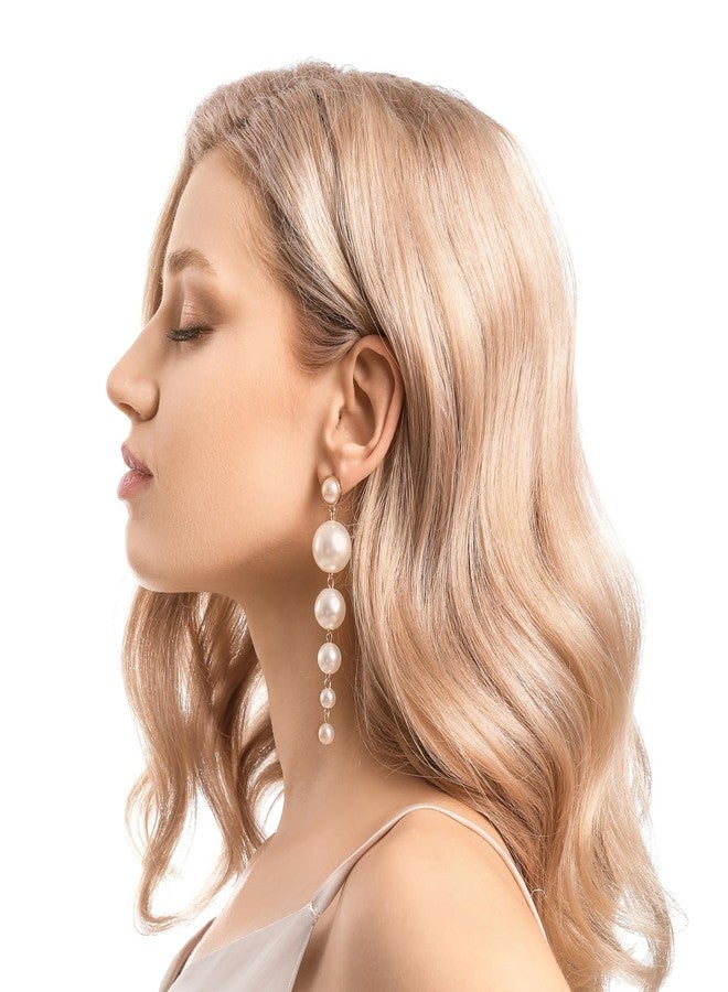 INENIMARTJ Pearl Earrings for Women Long Tassel Pearl Drop Dangle Earrings,14K Gold Plated Dainty Pearls Chain Earring Pearls Prom Jewelry Christmas Stocking Stuffers for Women (LongPearl) - Image 3