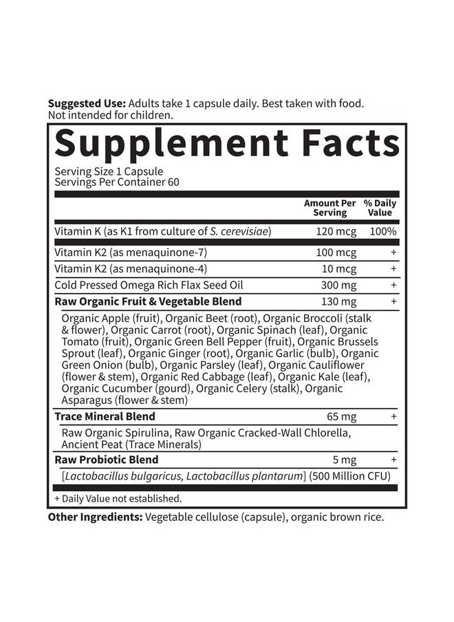 Garden of Life - Vitamin K2 And K1 By Garden Of Life Vitamin Code Vegan K Complex Vitamin For Bone Strength And Heart Health Vitamin K1 And K2 Omega Rich Flax Seed Oil Trace Minerals Probiotics 60 Day Supply - Image 1