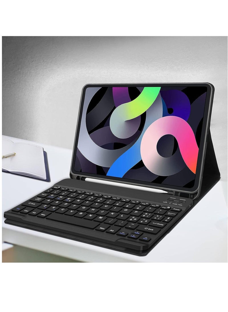 راكسوم غطاء حماية ولوحة مفاتيح ذكية لاسلكية بلوتوث مع فتحة للقلم لجهاز Apple iPad Air 4 (10.9 بوصة) باللغتين الإنجليزية والعربية باللون الأسود - Image 1